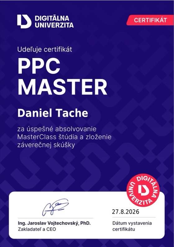Certifikát PPC Master — Digitálna univerzita, Daniel Tache, 27. 8. 2026